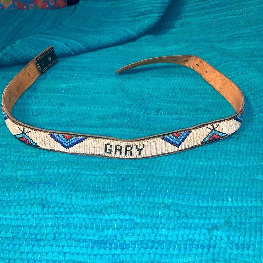 VINTAGE NATIVE ARTIST SONYA SIGNED BEADED LEATHER BELT W/ 